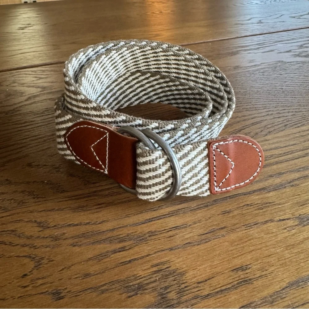 J Crew‎ Woven Belt Men cream & tan leather accent silver buckle Size L